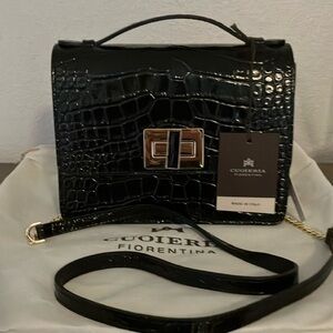 Black Croc-Embossed Crossbody Bag with Gold Hardware